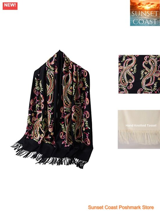 Accessories - Embroidered Brushed Shawl Paisley Leaves Wrap with Fringes Soft Poncho Cape